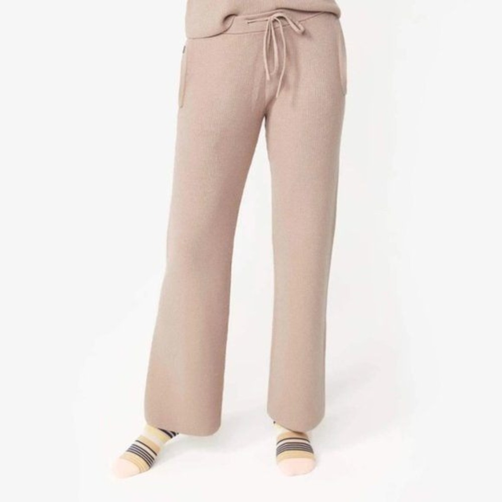 NWT Figs Knit Loungewear Ribbed Wide Leg Pants Latte Beige L‎